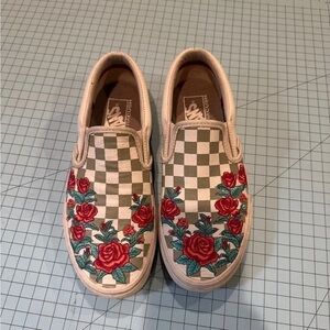 Vans Checkerboard Slip-On Sneakers with Red Rose Embroidery